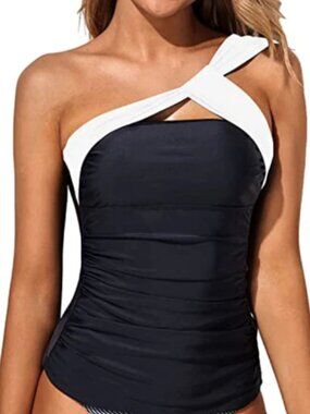Women's Black One-Shoulder Swim One-Piece with White Twist Strap